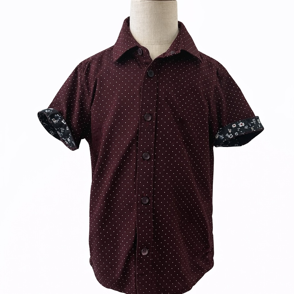 Toddler Boys Button-Up Shirt Size 4 Burgundy Polka Dot Short Sleeve Dress Shirt